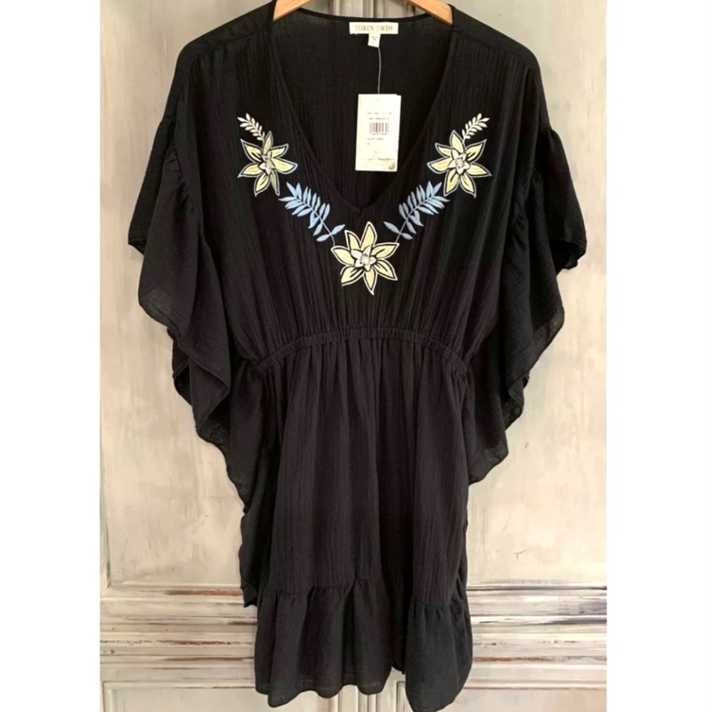 Miken Swim Wear Black Embroidered Bathing Suit Coverup Tunic Top S